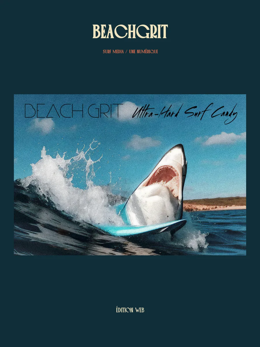Une numérique de BeachGrit illustrée par un requin surfant une vague